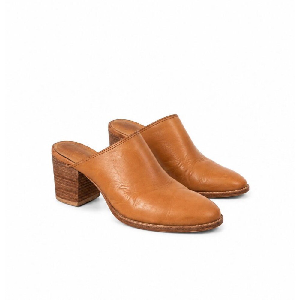 Madewell Brown Leather Mules Women 7 Block Heel Slip On Minimalist Boho Shoes